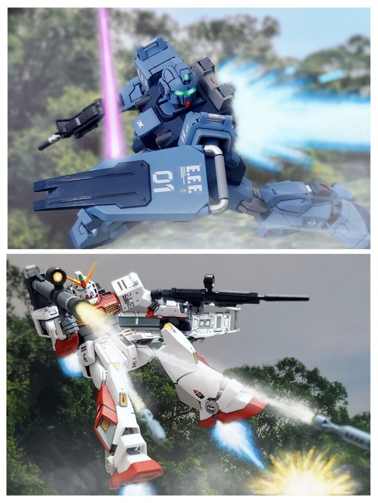 ポイントαへ到着寸前、ジオンMS小隊と交戦状態に突入したBD1号機とプロトNT-1👊✨ユウ中尉は地表を滑空しジオン部隊の後方へと回り込む↪️そしてコーティリア少尉のプロトNT-1は敵のバズーカ弾を回避しながらハイパーバズーカを放ち、敵の注意を引き付ける💥