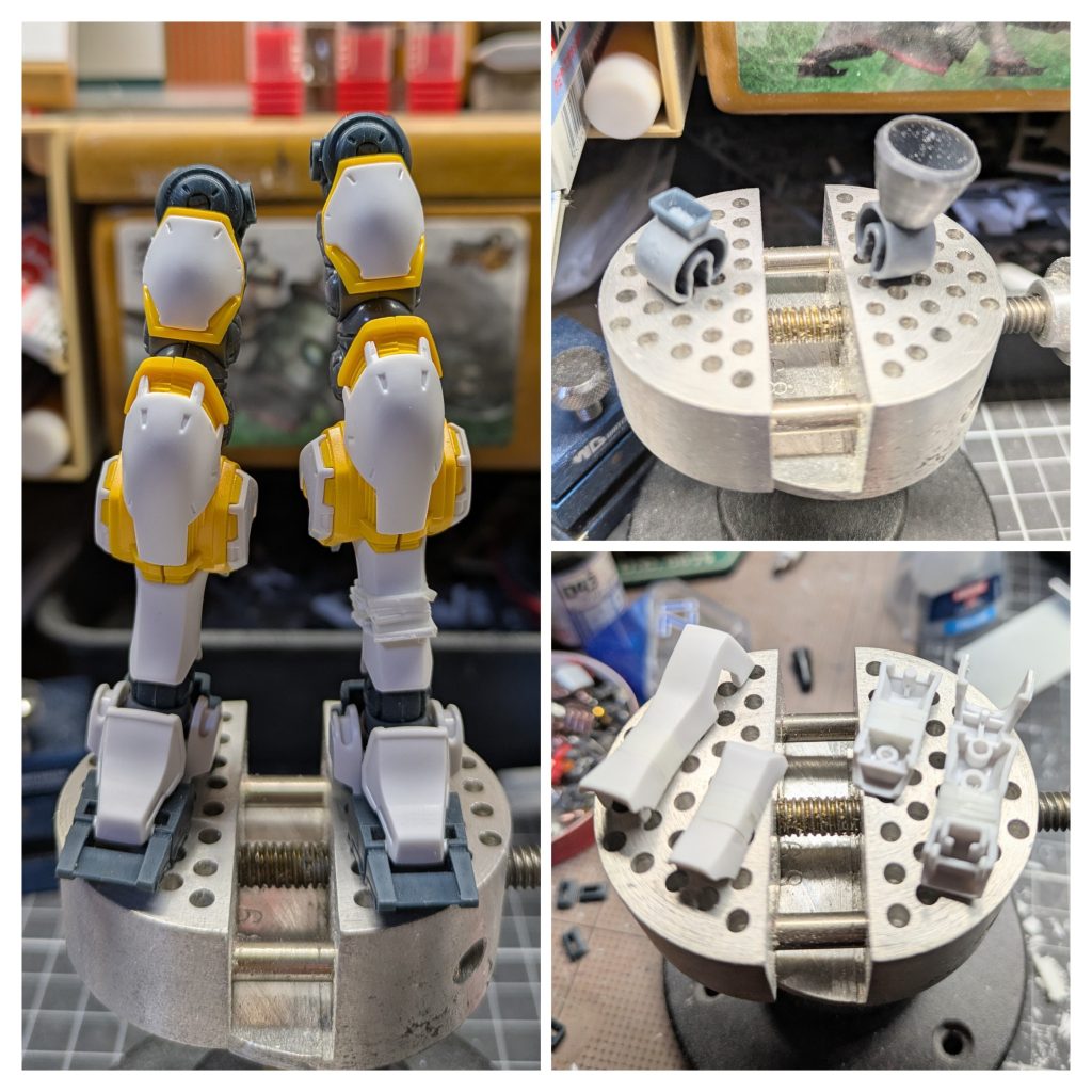 脚部延長比較✨️アトラスは手が長くて脚が若干短いのでどうしても原人体形なんですょね😅なので、プラ版積層で5㍉ほど延長してます👍️接続に影響のない部分で延長したので大掛かりな改造はしなくて済みました👍️サブレッグのバーニアはちょいと小さい気がしたので市販のバーニアで思いきった大きさに変更しました✨️