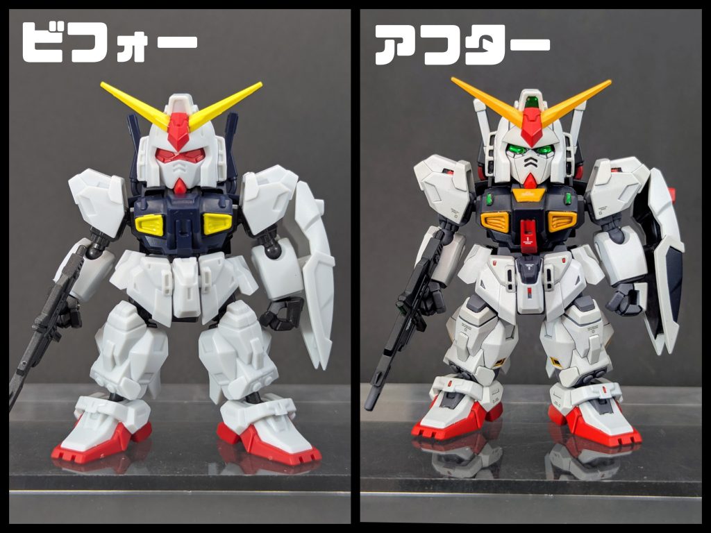 ビフォアフ改修としては、各穴埋め、合わせ目消し、マスク縦線スジ彫り、庇スジ彫り追加、首、足フレームの若干の短縮、腹部製作、サーベル造形追加くらいかな(gundam-kao1)