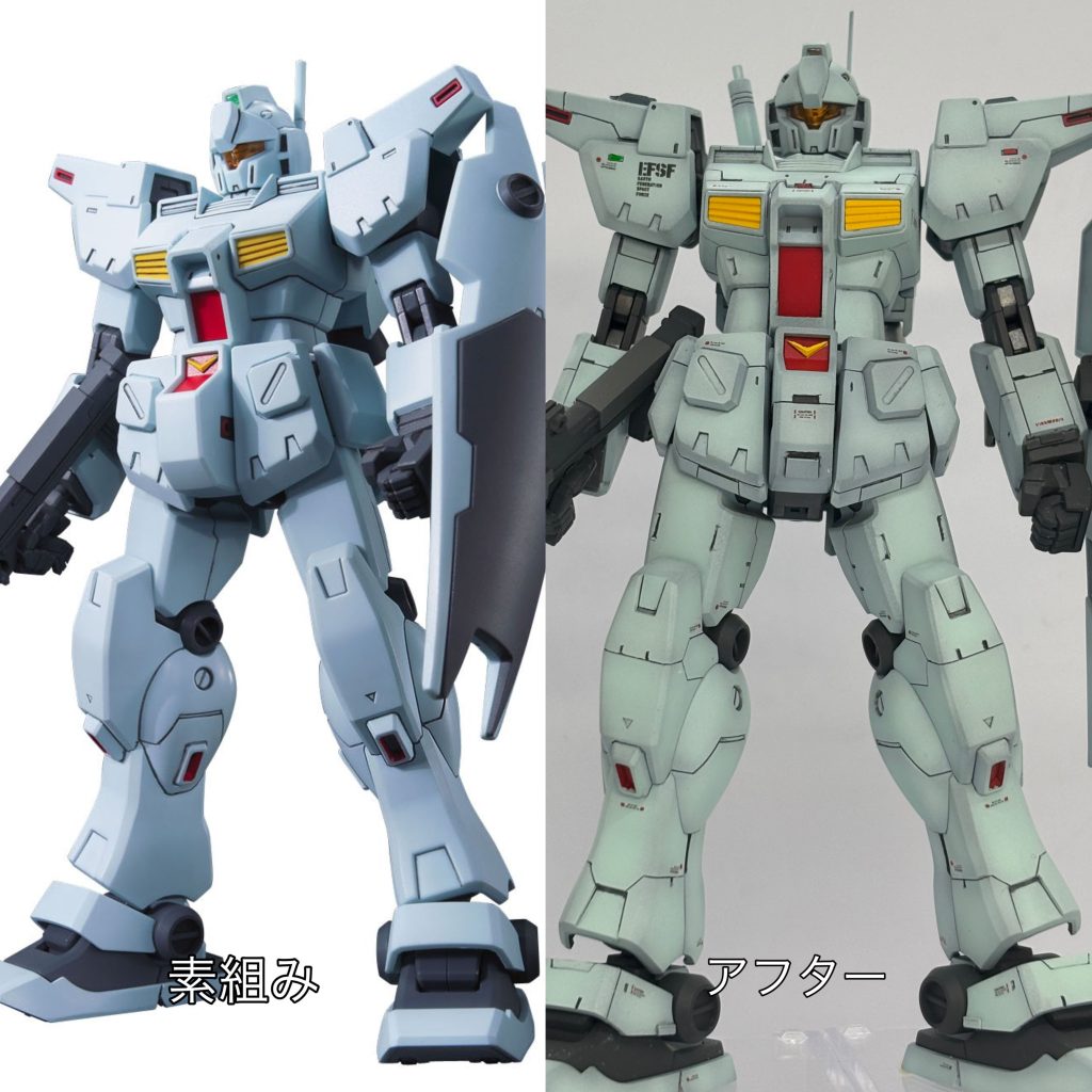 ノーマル素組みとの比較。全身に渡る美容整形で情報量マシマシ、量産機なのに強いそう?、仮想RG版ジムカスタムを目指しました。