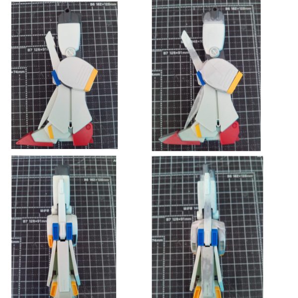ＨＧのＺＺ改修　【胸部、脚部】編下半身のボリュームが無い点と、首周りの窮屈さの解消、胸部ダクトが大きく感じるなどを改修する。【胸部】・襟の黄色いパーツの横幅ＵＰ。分解して角度など再調整して再接続。・胸のダクトの横幅を少し詰め、形も変更。それに伴い胸部アーマーのラインも合わせるように削る。襟のパーツ増幅にあわせて襟側も形状変更。・アーマー内部も襟の増幅に合わせ削る。・胸部アーマーの角度をＵＰ。アーマーの接地面にくさび型のプラ板をかます。【脚部】・太ももの上のパーツに2㎜かまして延長。太ももの幅1㎜増幅。スネアーマーの両サイドに0.5㎜プラ板貼って増幅。・つま先の角度と長さＵＰ。プラ板は貼って整形。・ふくらはぎのアーマーの厚さＵＰ。1㎜プラ板を貼り付ける。位置も若干下にくるようにし、関節の干渉のため凹んでいた部分も埋める。・膝アーマー延長。プラ板で3㎜延長。ノーマルと比べて、すげー変わったというほどではありませんが狙った感じに出来たと思います。（3枚目）