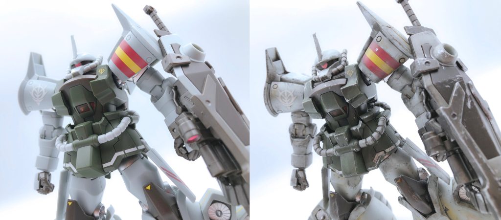 ウェザリング前と後の比較です。かなり重厚感のある仕上がりにできたと思います。