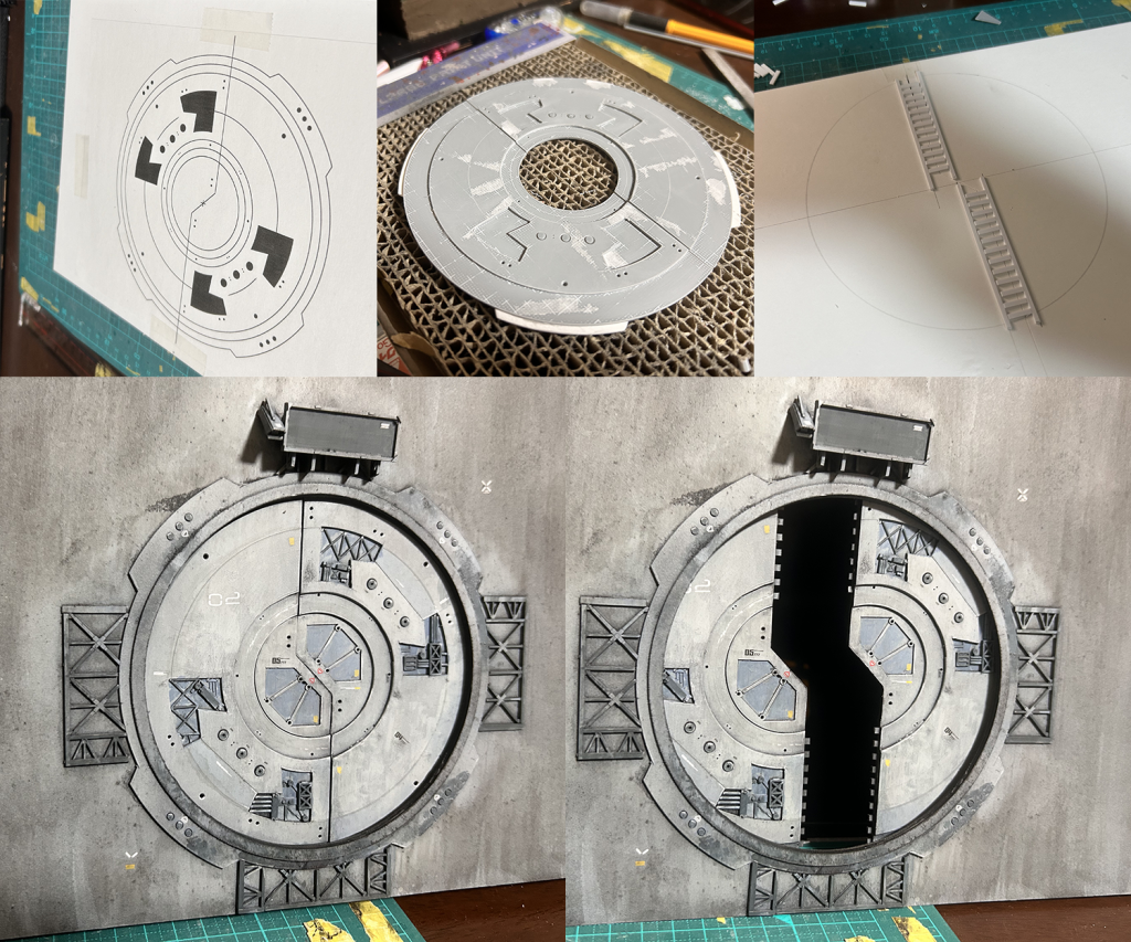 コロニーハッチはシーンを観察して、多分こんな感じかなってラインを作成数枚プリントした後にプラ板とスチレンボードに貼って積層オルファのコンパスカッター大活躍🥰開閉ギミックの為に真ん中でカットしてから、プラ角棒を交互に接着してハッチらしさを演出割と雑に配置して組んでみたけど、それでもギチギチに噛み合うんでサイズピッタリで作ったら地獄見るところでした😆