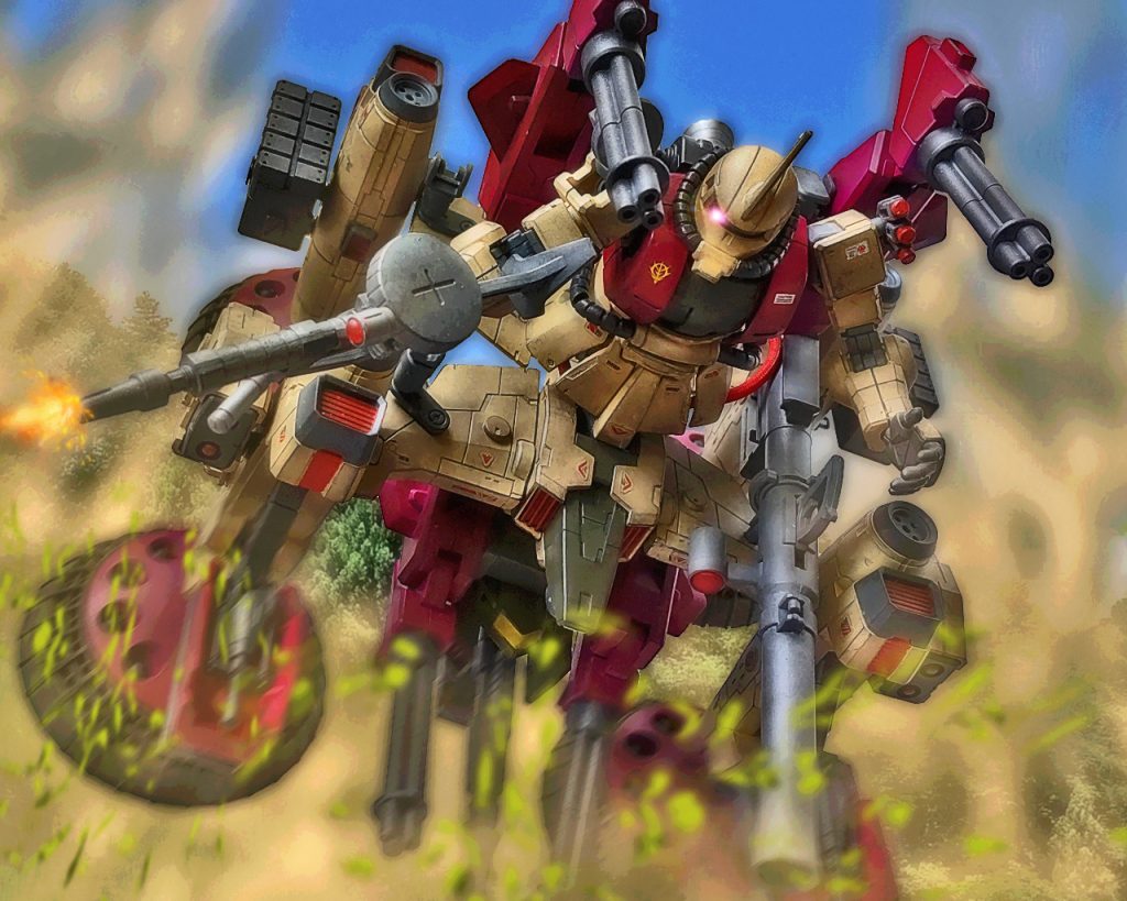 「先ずは貴様からだっ!!」ジヴァは後ろ脚のミサイルコンテナから垂直にミサイルを3発打ち上げる。直上まで上がり、高度を取るとそのままコーティリアのプロトタイプNT‐1まで飛んだ。そこへ右手に持った120㎜マシンガンで更に追い立てる。「…迎撃システムっ!!」コーティリアはブースターで加速しつつ、ミサイル群をメインカメラに抑えると頭部バルカン砲で次々に撃ち落とす。AUTOによる自動迎撃システムだが、やはり高性能を誇るガンダムタイプはジムとは比べ物にならない性能を発揮する。「…ほう、やるなガンダムというのは。ガルマ・ザビを討ち取ったのは伊達ではないか?」プロトタイプNT‐1はジヴァの正面には入らないよう距離を保ちながら回避運動を熟す。アーノルドはそれを砂塵を巻き上げながら追撃しマシンガンを連射した。コーティリアに狙いを定めた敵機の隙を見計らいユウも射程圏に入ろうとするが、追いつくのがやっとである。ジヴァはユウのブルーにも気づくとそちらにもミサイルを放った。(…あの機動力、一筋縄でいかない…!?)