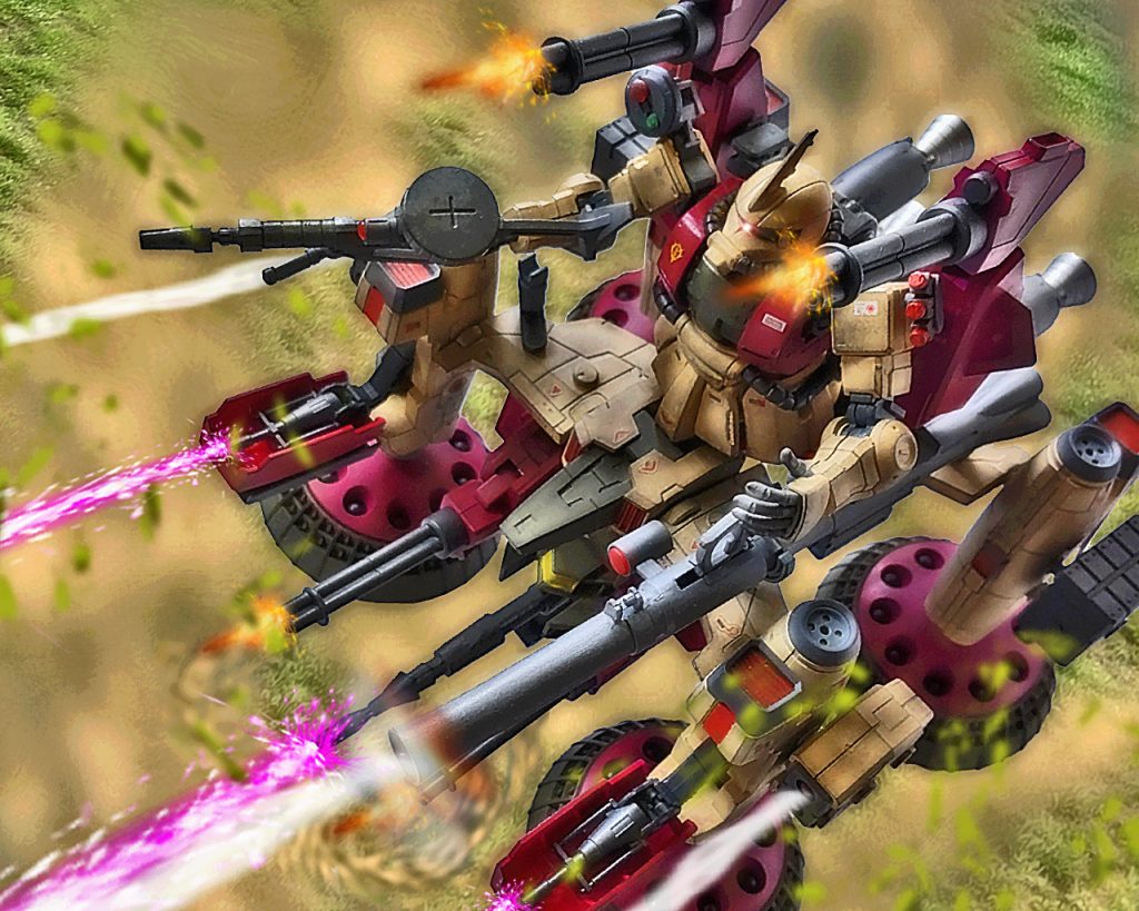 「圧倒的な火力は…、戦術にも勝るっ!!」ジヴァは前脚からサブウェポンの小型メガ粒子砲2門を展開し4丁あるガトリング砲のモーターを唸らせた。「…来るっ!?」コーティリアはブースターを更に吹かすと、木々が生い茂る小さな森の影に入る。だがそれはほぼ無意味であった。メガ粒子とガトリングの威力は凄まじく木を紙のように引裂き、地面をビームの熱が焦がした。プロトNT‐1はこの怒涛の猛攻を紙一重で避けると、何とか反撃しようビームライフルを撃つ。だがそれは照準が合わず虚しく空を切る。「ジャヴェロ少尉っ!!」ユウも手持ちの100㎜マシンガンで注意を逸らす。だがそれもジヴァの速さの前に当たらない。そしてジヴァはブルーディスティニーにも牙を剥いた。「蒼いのっ、貴様が先にやられたいかっ!?」ジヴァの一斉射撃を前にユウも成す術無く、窪んだ大地に身を隠し射撃を防いだ。(真正面からではブルーでも躱しきれない、…どうする?)そこへ更に後方の敵MSから砲撃が加わり、着弾の振動で機体を揺らした。しかし、ユウは冷静に分析する。(そうか、あの大型機動兵器の射線に入らない為に、後ろの2機が前にはでれない…。ならあれを盾にして動けばいい。何とか注意をそらし脚を止めたい所だが……)するとまたカムラから通信が入る。