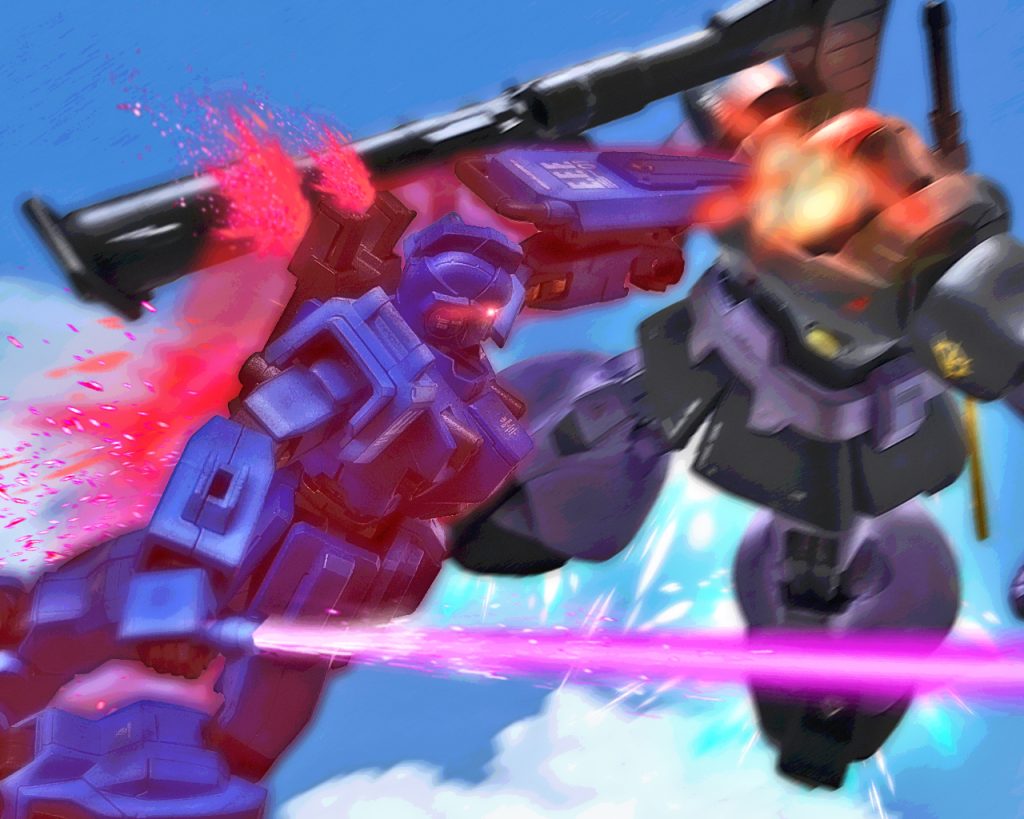 「少佐ーっっ!!!!」ドムのパイロットのバードンはジヴァとブルー間に強引に機体を割り込ませた。だがそれもブルーは分かっていたのか、ドムのメインカメラにショートシールドを突き刺す。そのまま2機は地上に落下するとドムは背部から地面に叩きつけられブルーは馬乗りでビームサーベルを突き立てた。「バードンっ、逃げろーっ!!」アーノルドの叫びが届くことはなく、ブルーはコクピット目掛けてビームサーベルを何度も刺した。その光景は人型とはいえ、機械である筈のMSが妙に人間臭く、残酷さが垣間みえる。それを見たザクハーフキャノンも怯み動きを止めてしまう。「……戦いの最中に止まるからいけないんだよっ!」コーティリアはビームライフルのトリガーを引き、ザクハーフキャノンの胴体を撃ち抜くと、ここで形勢逆転し2対1に持ちこんだ。「…くそっ、お前達…、お前達だけを逝かせはせんっ!」ジヴァはメインのメガ粒子砲の再充填を開始する。