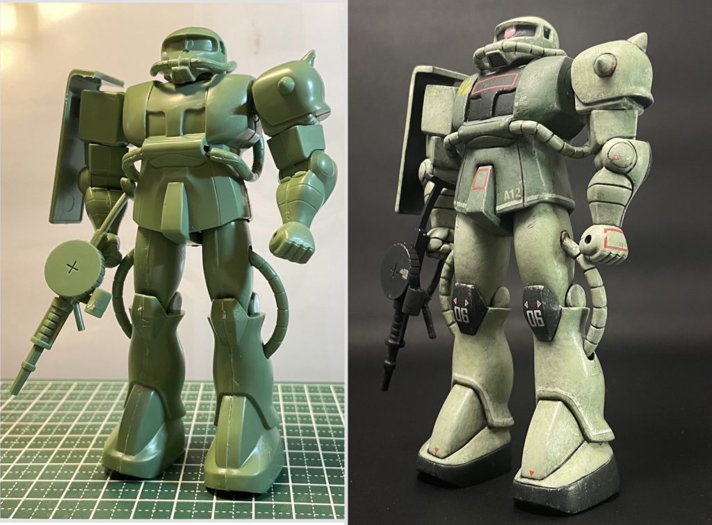 キットままと比較。動力パイプのすり合わせがとにかく大変なのと、筋を掘り直したとこにより、キット本来の魅力が出たと思います。口の中の溝を整えるのに10時間以上費やしたのもいい思い出です。モノアイは最後にクリアカラーの代わりにレジンを乗せました。