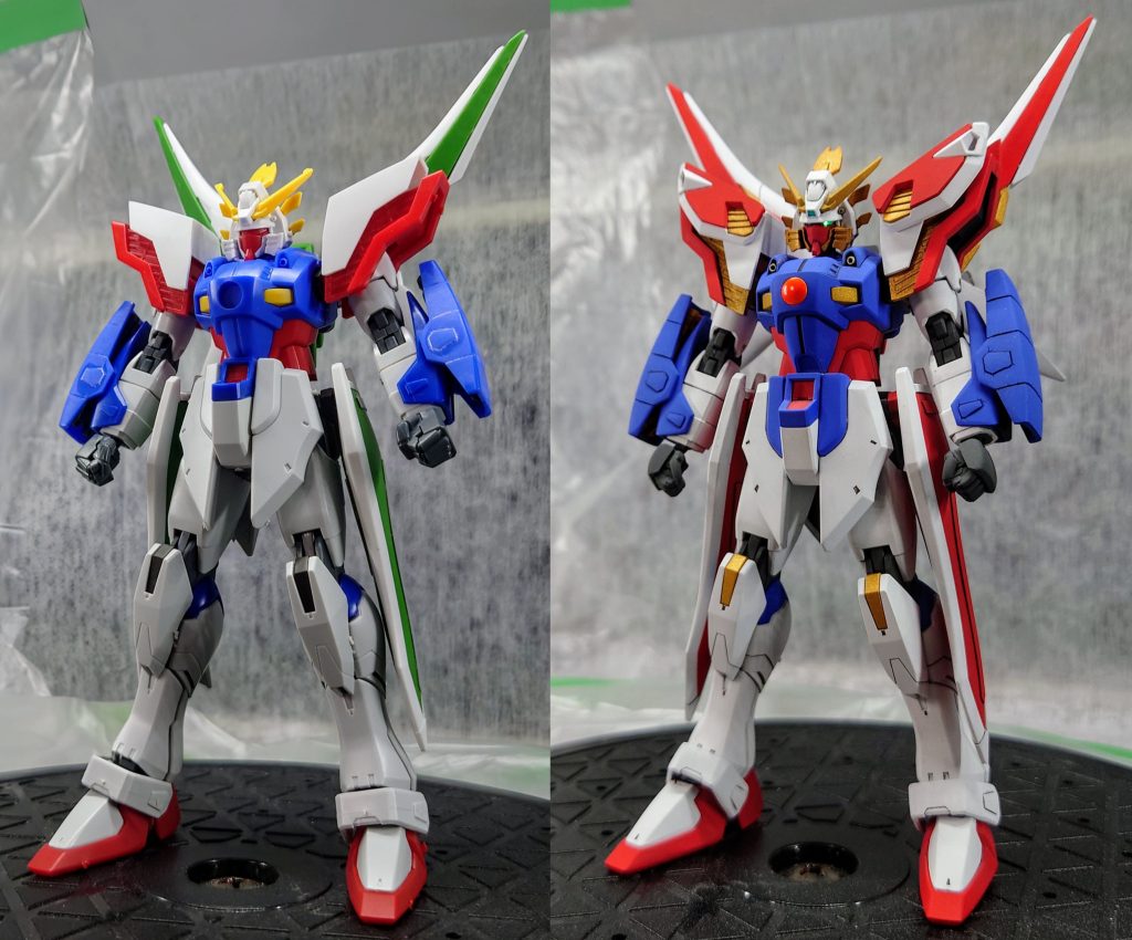 仮組(左)塗装後(右)最初は肩に何を盛ろうかと考えてたので仮組時には何も付けてませんでした。炎のエフェクトも付けられたのでファントムのアーマーにしたのは思ったより良かったです。