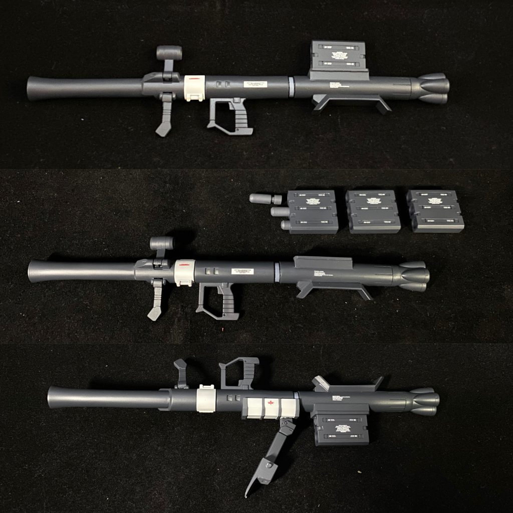 ザクバズーカです。弾は全て取り外せます。アームの接続は肩に仕込んだ磁石とランドセルの穴に差し込んで固定しています。