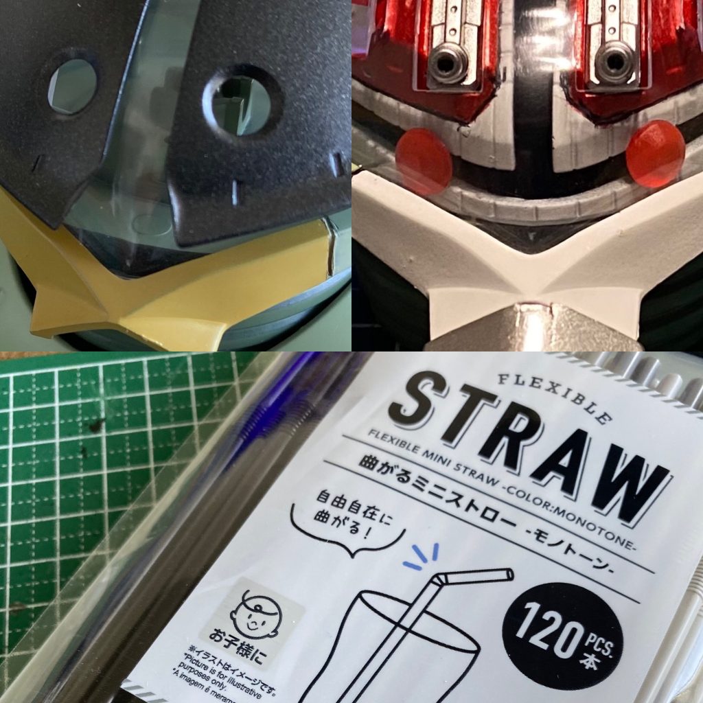 制作工程ですが口元ダークイエローにしたらカッパ?に見えてホワイトに変更しました。モノアイのレールも黒系から白い歯へ?パイプは100均ストローを使ってみました。素材がポリプロピレンなので塗装する場合は下地処理必須(ミッチャクロン臭い)です。腰部はディランザの足首、ファラクトの背部ユニット、後諸々バンダイ製カスタマイズマテリアルを使いました。口には忍、肩には海零四(M-04)など諸々漢字デカールを使ってみました。何人かの方が内部のABSパーツ折れたレビューを見たので養生しつつ水性艶消しクリヤー、ちょこっとガンダムマーカーのみにしました。