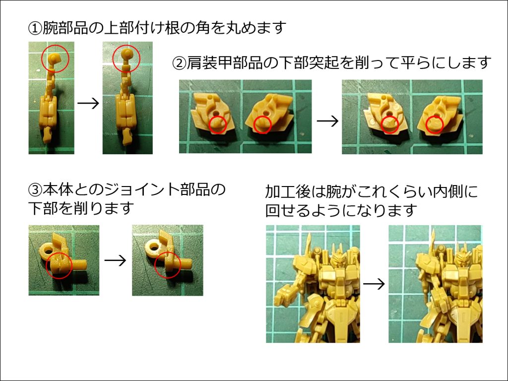 今回はボールジョイント等使わなくても、部品の加工だけで両腕をある程度内側に回せる事が出来ました。