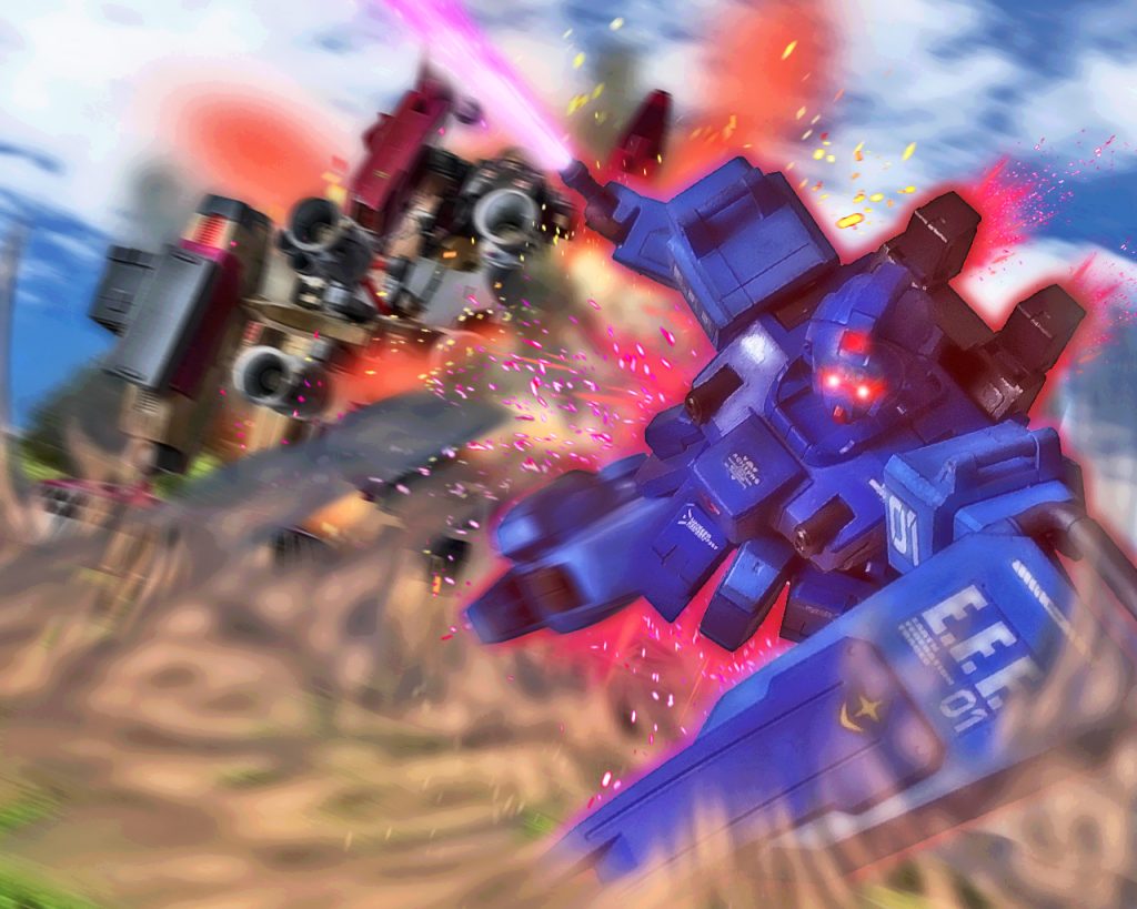 「…ランボウナヒト…、…キライッ!!」ブルーディスティニー1号機は赤い残像を見せつつ、電光石火の早業でジヴァに斬撃を与えた。「…あの動きはっ…、本当にパイロットが乗っているのかっ!?」アーノルドは何とかジヴァを上昇させようするが、甚大な損傷により炎と煙をあげバランスを保つのが精一杯であった。特に燃料系に破損が大きかったのか、機体は火達磨となり戦闘継続は不可能となる。「…くそっ、あんな得体の知れないヤツにっ!?」アーノルドは歯を食いしばりジヴァを何とか浮かせているが、小さな爆発を繰り返す度に前後左右にふらつく。「ただこのまま死ねるかっ!!俺達は負けんっ…!必ずやこの意思を継ぐ者がいる!!スペースノイドの真の独立を勝ち取る日までジオンが潰えることはっ…!」