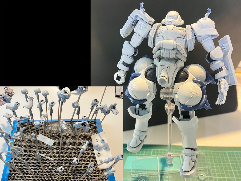 「シタデルスプレー」で下地をつくった図。たった一回で整形色が白だったのではと思えるほどの驚きの白さ。（でもお値段が……）この上にコントラストを重ね塗り（2〜4回）しながら陰影をつけていった。初めてなので、カラーが溜まりすぎてしまったり、パーツの隙間にカラーが入り込んで乾燥させたあとパーツが離れなくなってしまったりといったこともあったが、今後も挑戦したいと思えるよい塗装方法だと感じた。あ、あと、こすれるとすぐ剥げる。今回は使わずに終了としてしまったが、トップコートは必要だと感じた。最後までご覧頂き、ありがとうございました！