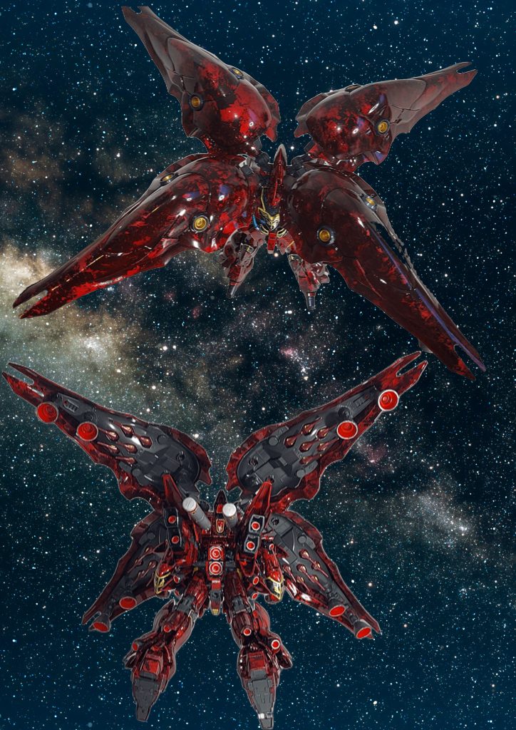 四つ葉形態　　　　　　　　　　　　　　　　　　　　　　　　　　　　下から見たらブースターの数がえげつないですねぇ～　　　　　　　　　　　バインダーのブースターは位置が自機を焼いてる様にしか見えなかったので隠し腕を外して隠し腕のジョイントとボールジョイント等で　　　　　取り付けています。