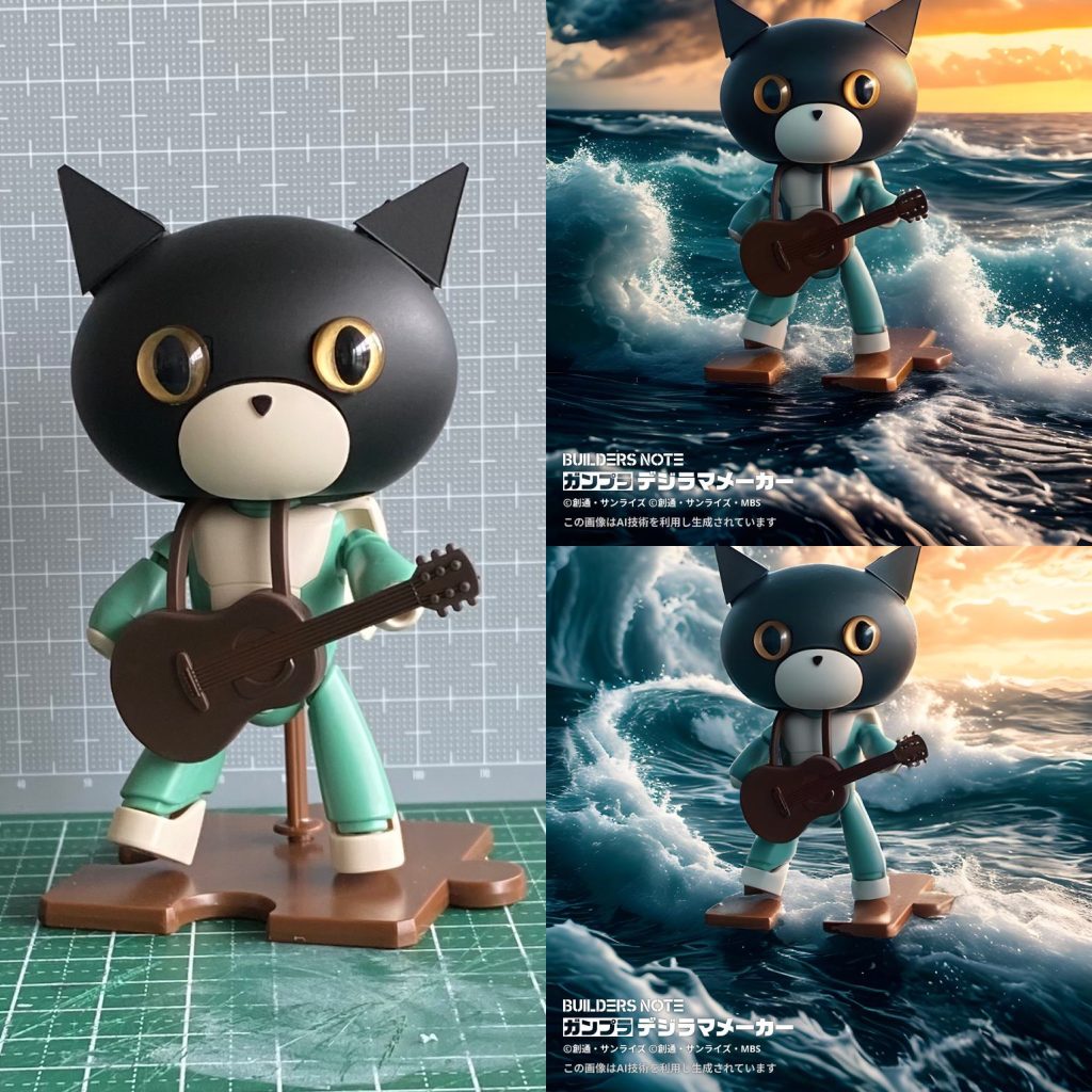 制作①(6話前)EDのニャアンさんはプチッガイのカラーに近い色の服でウクレレ弾いてましたので無塗装で黒猫風に(目はユザワヤ製キャッツアイ金9ミリ)。デジラマもう少し穏やか海が良かったのですが…。