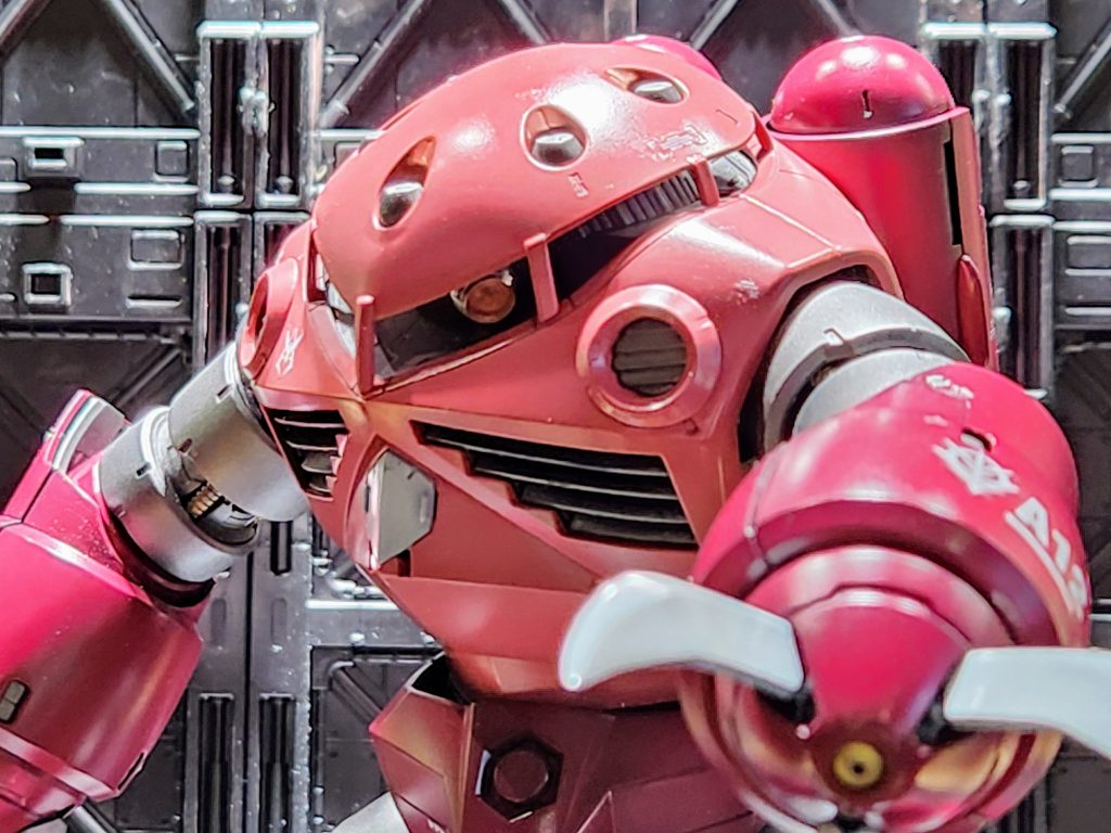 頭部と胸部境い目のスジ彫りも入れました。トップコートは艶やかにしたかったので、初の光沢クリアーでコートしました。なので照明を強く当てて撮影しました。