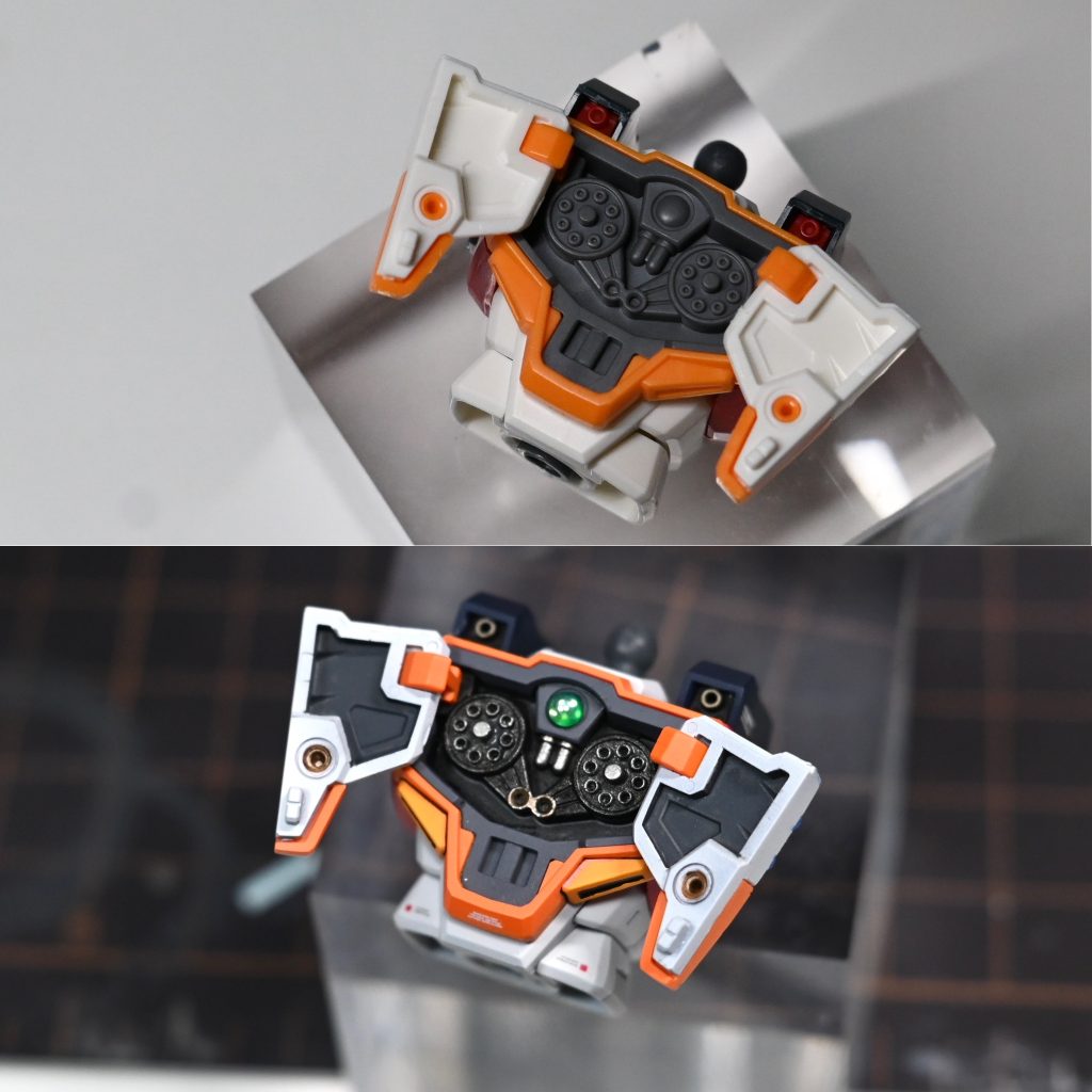 胸部ガトリングは全て開口、4色で塗り分けています。センサーは削り落とし、VCドームに置き換えています。肩のバルカンも開口し塗り分け。