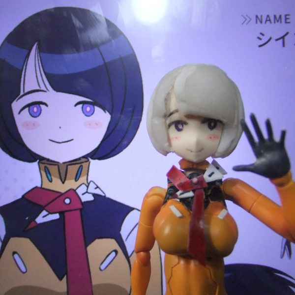 どうも！こんにちは〜っ！Ｇ太郎デス♫　今回は顔の輪郭　眉毛位置　頭髪の修正を行なって行きます。修正の詳細①　童顔フェイスを狙って　30MSのリリネルララネルフェイスを使用しましたが？　面長に感じるので顎のラインで数ミリ削り込みます。※マッキー赤　極細でマーキングしたトコロを削除②　施工後の画像となります。かなり設定画に近づいたと思います。③　眉毛が気持ち上がり気味なので？眉間よりを削って　パッツン頭髪ラインとツライチより下気味に描き直しマス。④　頭髪の切り欠き過ぎた部分　乾燥して収縮した部分を補填して行きます。※不足分はピンクのマーカーで印をとっています。⑤　髪の分け目付近　パッツンラインの修正　完全乾燥で収縮した頭髪のボリュームを補填してイマス。※樹脂粘土にクレオスのラッカー薄め液を混ぜてプラ材への喰付を良くする効果と表面をなだらかにさせてイマス。その弊害で収縮が大きくなる事を見通して多めに盛ってマス。（1枚目）