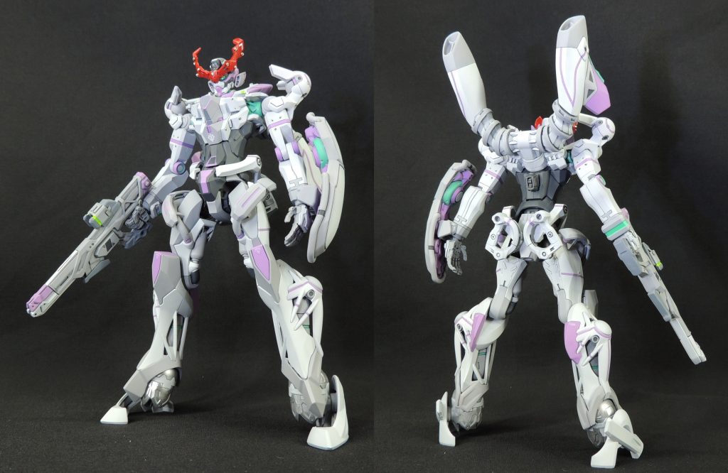 カラーリングは、先に完成したキケロガ・アイフリッドを参考に、シャリア・ブルのイメージを加味して決定しました。当初、パープルとグレーで塗装していたところ、落ち着きすぎた印象だったため、補色のグリーンを差し色に使用し、互いの色を引き立たせるよう配慮しました。なお、頭部拘束具は、ジークアクスの強いアイデンティティと考え、レッドのままとしました。