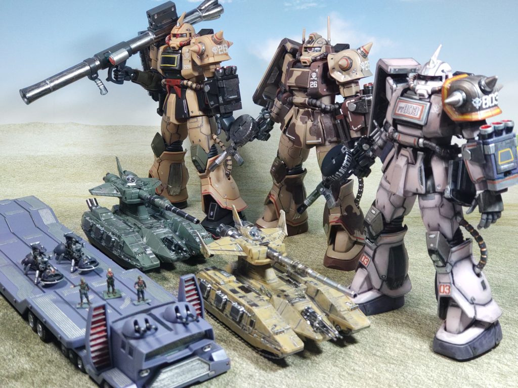 使ったキットHG ザク・デザートザク ピンクパンサー隊機 HG ザク・デザートタイプ HG ザク・デザートタイプ(ダブルアンテナ仕様)EXモデル サムソントレーラーと付属のジオン兵EXモデル マゼラ・アタックHG ザク地上戦セットより ワッパ×2