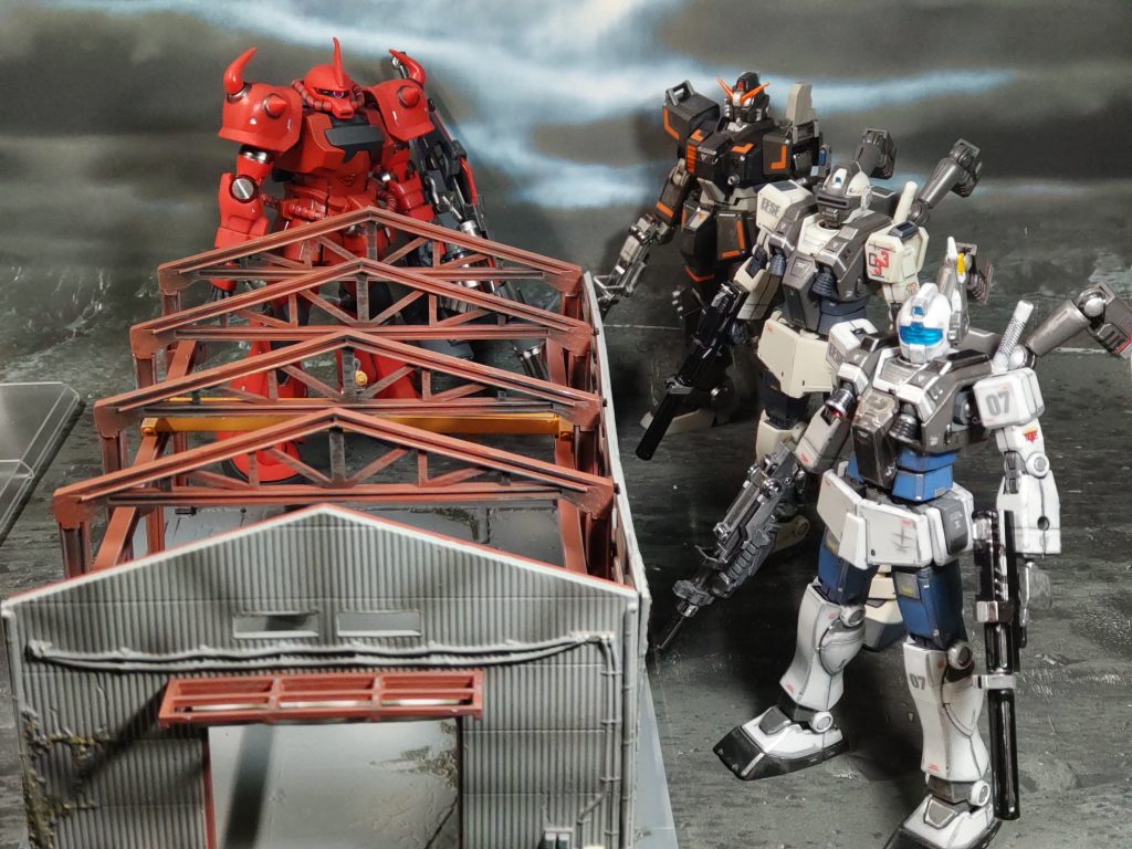 使ったキットHG ジム・ナイトシーカーⅡHG ジム・ナイトシーカーHG 陸戦型ガンダム(市街地戦仕様) HG グフクリムゾンカスタムトミーテック 破壊された工場