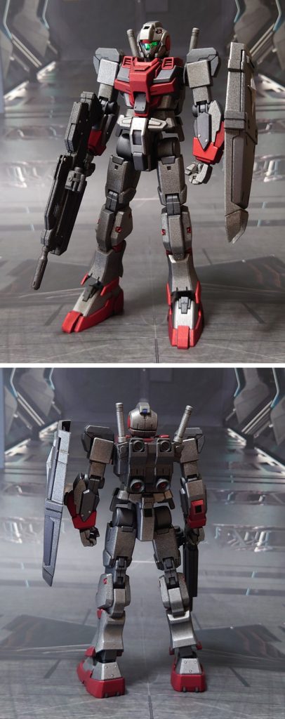 ジーライン素体で前後ろ。基本工作として、ゲート痕処理、パーティングライン・段ズレ・ヒケの対処、面出し、肉抜き穴埋め、合わせ目消し、エッジ尖らせ、ディティールの穴開け、市販パーツ貼り付け・埋め込みによるディティールアップ。肉抜き穴埋めは首裏、足首関節、ライトアーマー肘パッド裏、バックパック追加パーツ、盾裏に実施。合わせ目消しは股関節軸(太腿側)、バックパック2種に実施。