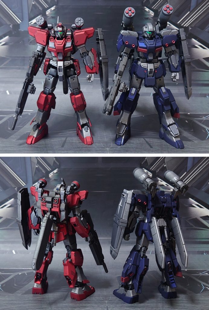 ジーライン・ライトアーマーとスタンダードアーマーとの比較。■塗装工程銀:黒サフ→シャインシルバー→つや消し赤:黒サフ→メタリックレッド→つや消しグレー:黒サフ→ガンメタル→つや消し関節等グレー:黒サフ→ブライトガンメタル→つや消しビームライフル、シールドジョイント、バックパック、スラスター類グレー:黒サフ→メタリックグレー→つや消しビームサーベル刃エフェクト:先端側にメタリックレッド→根本側にMSホワイト→全体に蛍光ピンク金属パーツ:メタルプライマー→クリアレッド→つや消し頭部バイザー:市販シール素材を使用→光沢頭部カメラ類:キット付属シールを使用その他部分塗装、墨入れ:ガンダムマーカー各種
