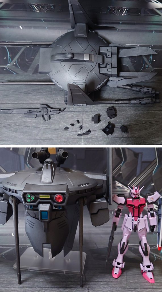 付属品一式とサイズ比較。■塗装レシピグレー①:黒サフ→ブライトガンメタル→つや消しグレー②:黒サフ→メタリックグレイ→つや消し銀:黒サフ→シャインシルバー→つや消しジョイント類:黒サフレールガンセンサー:キット付属シールを使用キャバリアーセンサー:キット付属シール、市販のレンズ型パーツを併用その他部分塗装、墨入れ:ガンダムマーカー各種