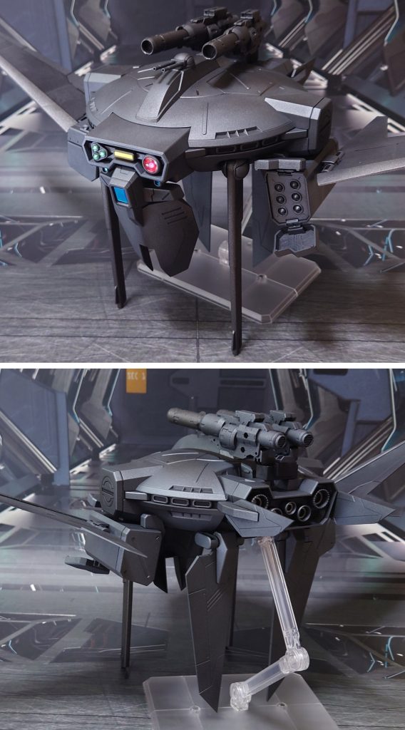 キャバリアーアイフリッドの前後ろ。工作は、ゲート痕処理、エッジ尖らせ、パーティングライン・段ズレ・ヒケの対処、穴空け、合わせ目消し、面出し、市販パーツ貼り付け・埋め込みによるディティールアップを実施。合わせ目消しはミサイルポッド、超高インパルス砲 サヴィトリ、手持ちレールガンに実施。後部ジョイント(フォランテス等の取り付け部)が空いてしまうので、30MMオプションセットからキャノンを2門、用意しました。