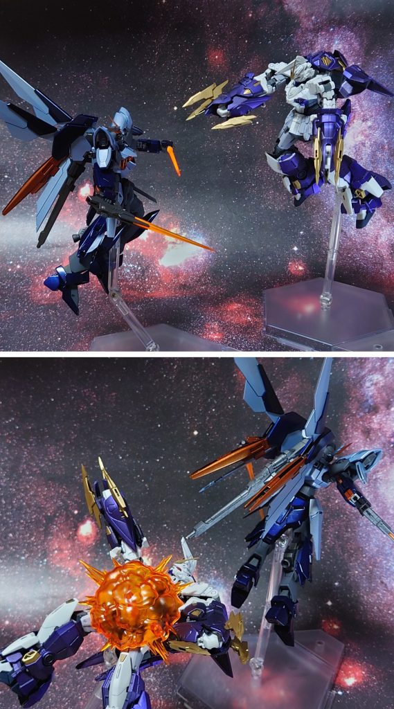 “受けよ、不死鳥の羽搏き!”隙をついてのビームサーベル二刀流。