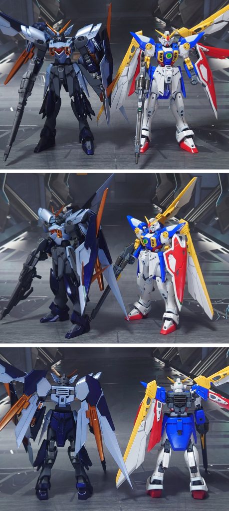 原型機となるウイングガンダム…HGAC版は持っていないので、RG版と比較。■塗装レシピ黒:黒サフ→ファントムグレー→つや消し銀:黒サフ→シャインシルバー→パールライトブルー→光沢青:黒サフ→ディープメタリックブルー→光沢オレンジ:黒サフ→シャインシルバー→メタリックオレンジ→光沢関節類グレー:黒サフ→ブライトガンメタル→つや消し武器類グレー:黒サフ→ガンメタル→つや消しフェイス部グレー:グレーサフ→つや消しポリキャップ:PPプライマー→(各色)ビームマント・ビーム刃・パンチエフェクト:先端側にメタリックオレンジ→根元側にベースホワイト→全体に蛍光オレンジ頭部ツインアイ・メインカメラ:キット付属シールを使用胸部ファイティングサイト:市販のレンズパーツ裏側に市販シール素材を使用→光沢シールドセンサー部:黒サフ→シャインシルバー→パールライトブルー→ガンダムマーカー・サイコフレームホログリーン→光沢その他部分塗装、墨入れ:ガンダムマーカー各種→つや消し