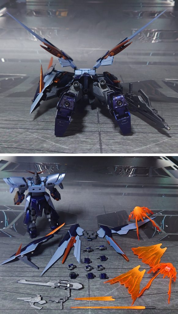 下からのアングルと、付属品一式。手首は30MMオプションセットのものに交換。鳳翼天翔エフェクトとして、HGBFビルドバーニングガンダムのパンチエフェクトと、アクションフィギュア用のオプションを用意しました。