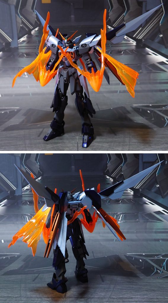 エフェクトを装着しての前後ろ。足首だけはフェニーチェリナーシタの中で唯一、好きではないパーツ形状のため、HGAWガンダムエアマスターのものを加工して交換しました。また、せっかく復元された変形機構ですが、MS形態のプロポーション優先のため、バードモード時のパーツ固定用ピン・ダボを削り落とし、変形機構は見なかったことにしました。