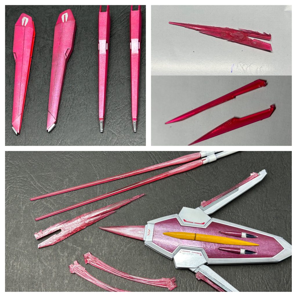 ドラグーンは先端に砲口を追加。スラスターパーツを使って再現。ホーン型サーベルはイモータルのビームエフェクトをカット、再接着してナイフでギザギザに成形。各ビームエフェクトはホワイトのドライブラシで塗ってみました。