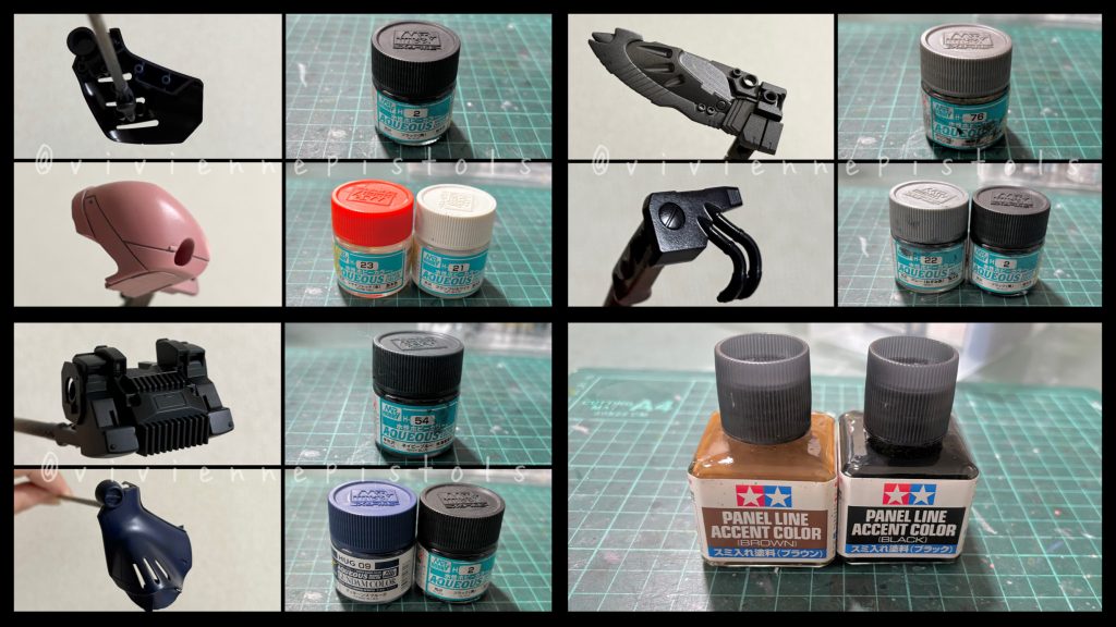 今回はエアブラシを使用して塗装しました。ピンクは調色になります。スミ入れは2色使用しました。