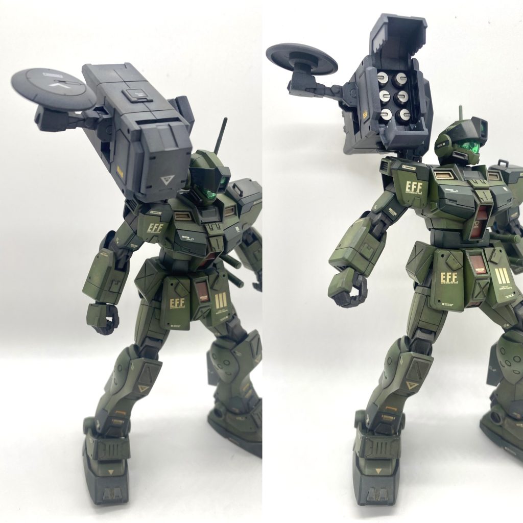 コトブキヤのウェポンユニット、ミサイル&レドームをバックパックに取り付けました。コンセプトは、爆撃ミサイルではなく、ミサイル型強化ビーコンを射出し、広域にビーコンを設置し、レドームにて敵機の位置情報を味方機と共有し、更に長距離射撃にて前衛を援護するというものになっています。都合良すぎる設定ですみません笑