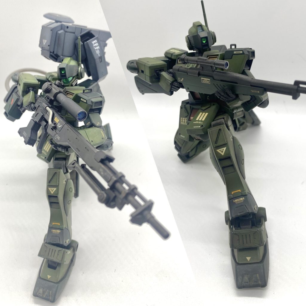 左がロングレンジビームライフル狙撃時!右がミサイルポッドをパージし、狙撃用ライフルでの狙撃時!ジムスナイパーの狙撃態勢は、特別にカッコよく感じる(zaku-kao6)