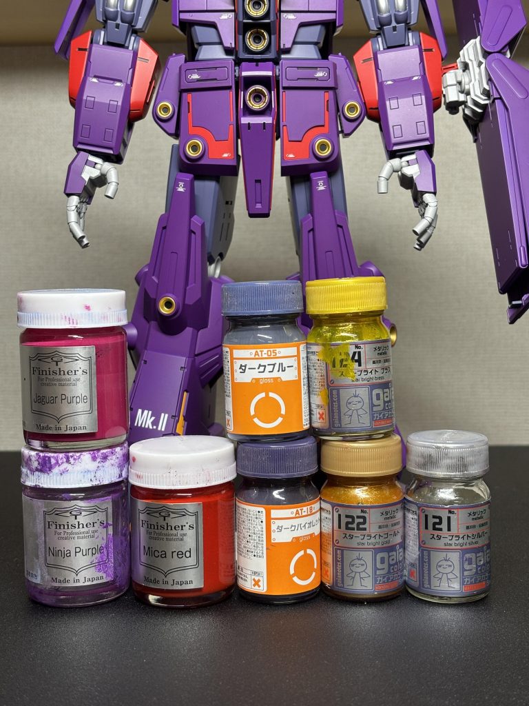 紫:青サフ→ニンジャパープル:2＋ジャガーパープル:1、赤:ピンクサフ→マイカレッド、黄：ピンクサフ→マンダリンイエロー、黒:グレサフ→ダークブルー+ダークブルー、白、グレサフ+銀サフ