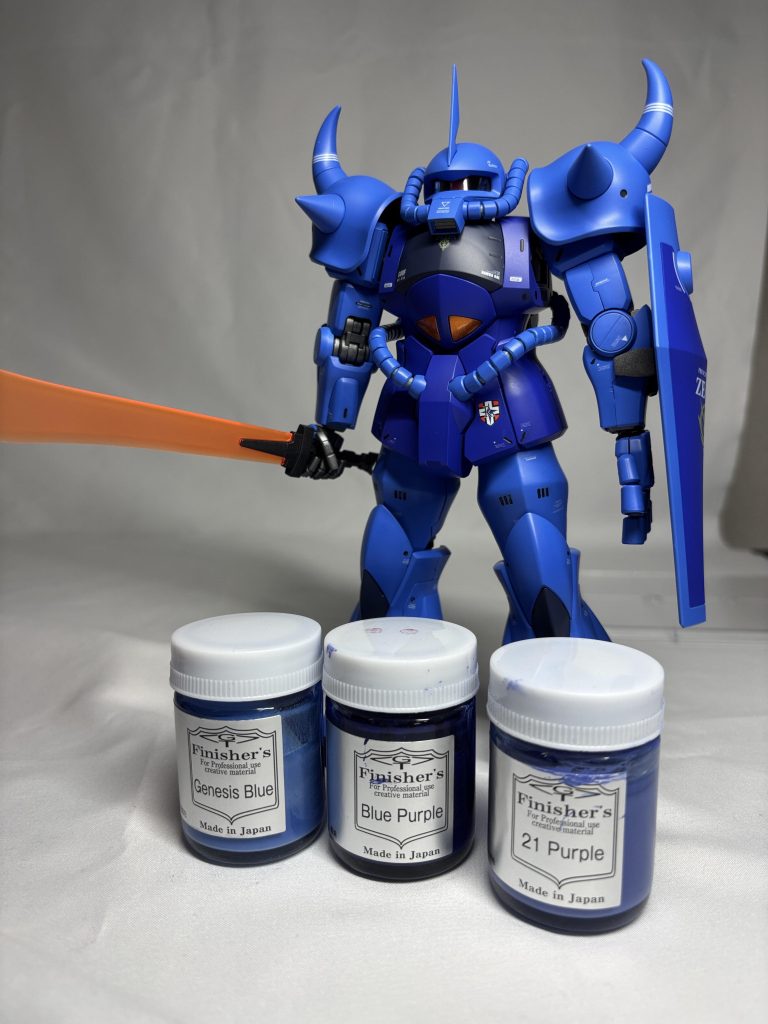 外装:(青)青サフ→ジェネシスブルー、(濃い青)青サフ→21パープル:1+ブルーパープル:2、(黒)グレサフ→ダークブルー+ダークパープル+ダークブルーイッシュパープル、(グレー)グレサフ→ブルグレーフレーム:ガンメタサフ、剣盾:ガンメタサフ＋黒サフ、ムチ:黒サフ→スターブライトジュラルミン