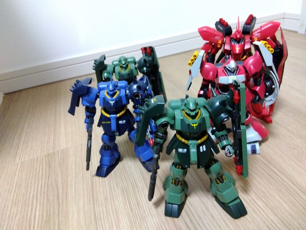 ネオ・ジオンMSと。ギラ・ドーガ(レズン機)、ヤクト・ドーガ(クェス機)、サザビー、ギラ・ドーガ(量産)