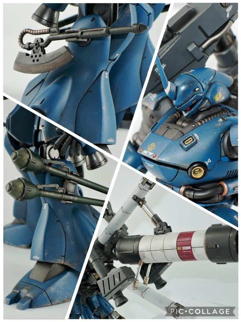 各所のアップ頭部は首を延長。エンブレムを貼っている頭部のサイドも延長しています。両足の武装ラックはジャンクパーツとプラ材・パテで自作です。