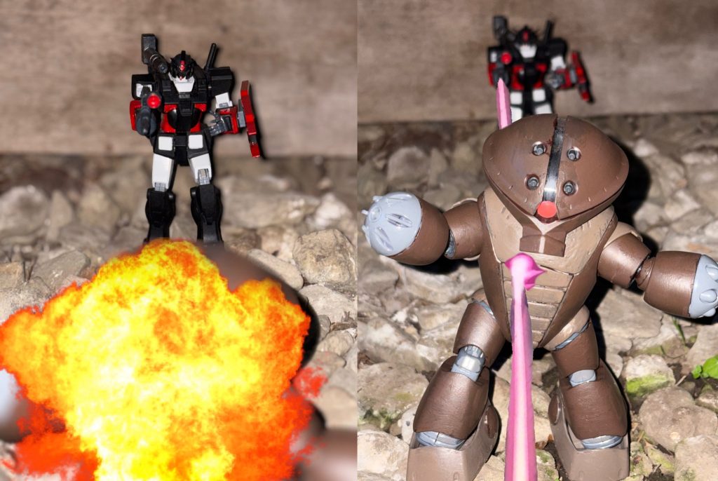 タカ「教えてやるぜ、破壊工作が割に合わないって事を・・！！」イワノフ「うわぁぁぁ、シャア大佐ァァァァ！！」アカハナ「大佐、イワノフのアッガイがやられました！！」シャア「止まるな、止まったら助かる命も助からんぞ！走れ！！」「あぶ刑事ガンダム」でもアッガイはアカハナ率いる特殊部隊が操縦するモビルスーツであり、史実と同様に連邦軍のモビルスーツ工場に爆弾を仕掛けるもタカとユージ、ホワイトベースのおチビちゃん達であるカツ・レツ・キッカの活躍で失敗に終わり、タカのヘビーガンダムとユージのG3ガンダムによって全滅させられた。