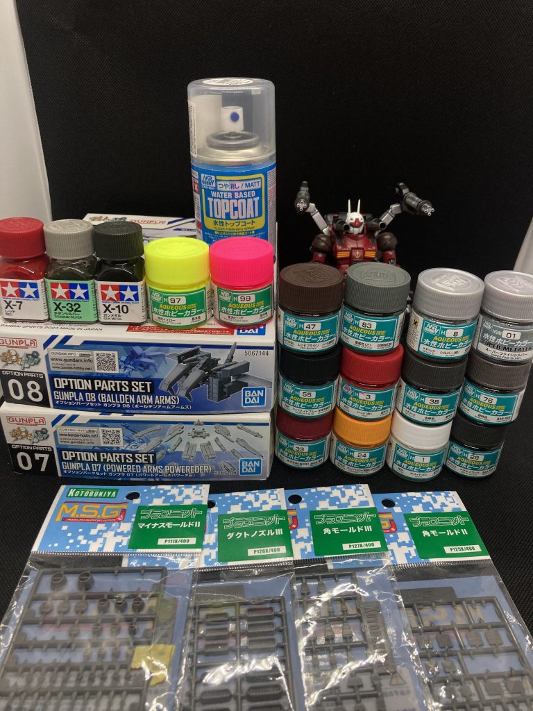 使用塗料や追加パーツ（白のエナメル撮り忘れ）反省点ミキシングは可動範囲を考慮して、穴あけする大きいデカールは相変わらずズレる一部に情報量を追加しすぎると、全体にしなくては違和感がでる良かった点オリジナルカラーの茶色が似合う
