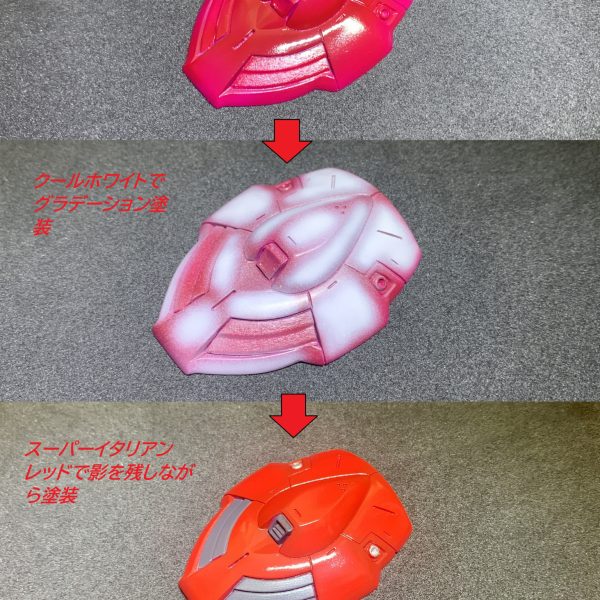 だいぶ期間が空きましたがダリルバルデの製作を再開します一通りの工作が完了しサフチェック→修正を繰り返して塗装に入りました1枚目の写真で今回のトライである塗装方法を説明します上からメカサフヘビィ＋ブラックで塗装マルーンを全体に塗装中断ではクールホワイトでパネルごとに中心が明るくなるよにグラデーション塗装下段でスーパーイタリアンレッドで様子を見ながら全体を塗装になってます（４枚目の画像の方が解りやすいと思います）２枚目の画像は胴体をうぃのーブラックで塗装３枚目は膝関節の画像です一部は始めていますがチマチマ部分塗装をしていきます（2枚目）