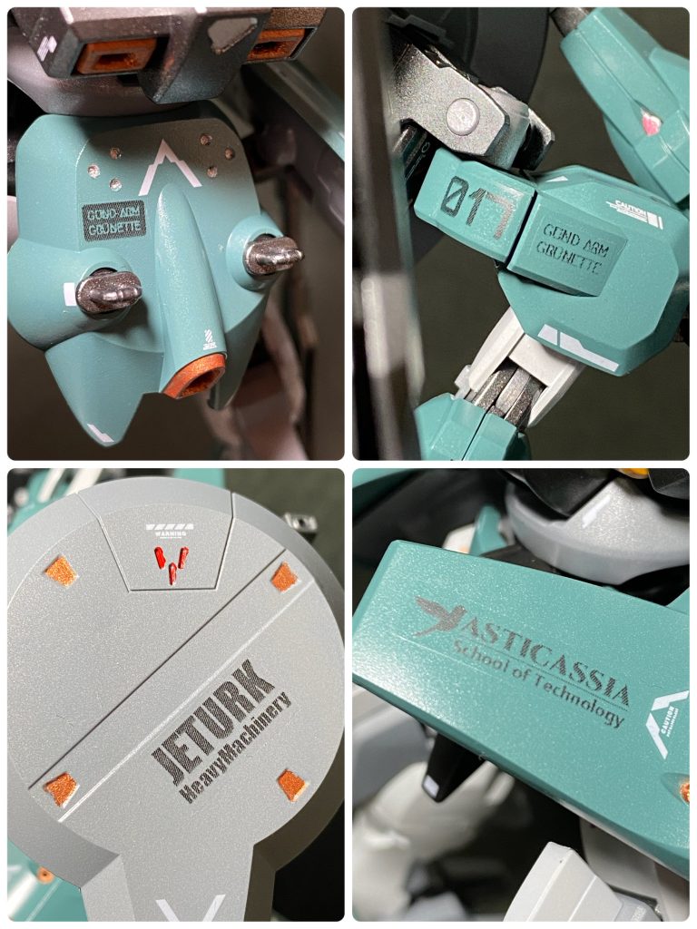 今回もオリジナルデザインのデカールを作って貼りました。ジェターク社のロゴは無骨で力強いイメージ。アスティカシアのロゴは、再建後に新たに作り直されたものというイメージで。017はフェルシーの学籍番号ですね。