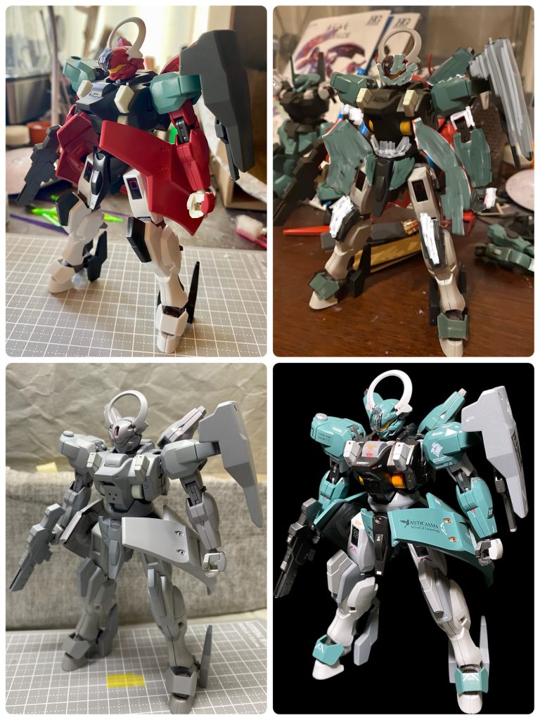 左上から塗装前、カラーシュミレーション、サフ萌え状態、完成後です。やはり色の統一感のもたらす力は大きいです!笑パーツ構成は、ディランザ:肩アーマー、シールド、武装などダリルバルデ:頭部、ボディ、腕部、バックパック、アンビカー、ジャベリンシュバルゼッテ:アンテナ、シェルユニット、腰、脚部です。接続にかんしては特にイジってません。もうおわかりと思いますが、敢えて言おう、色々組み替えた結果、上半身と下半身をくっつけただけであると!そう、結果的に超お手軽ミキシングとして纏まったわけですw