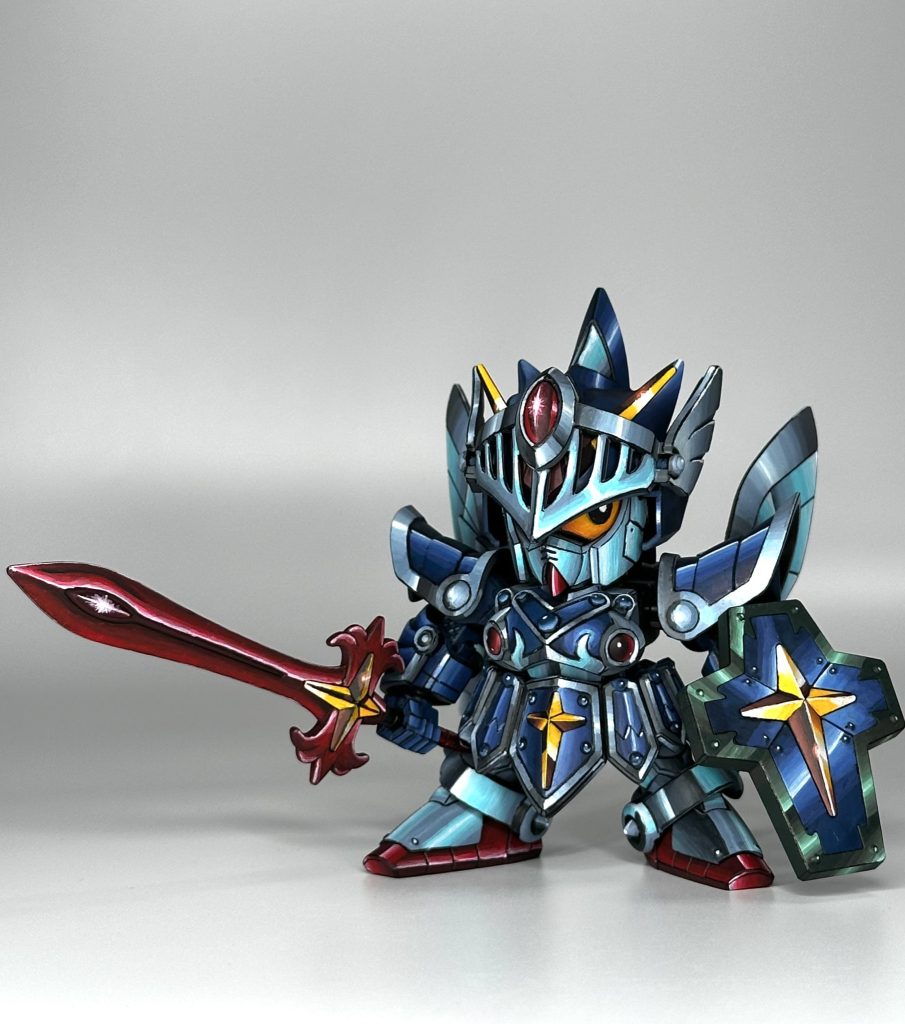 白背景、引きで。光って見える事を意識して筆塗りでグラデーション塗装した後、黒くエッジ線を引いています。