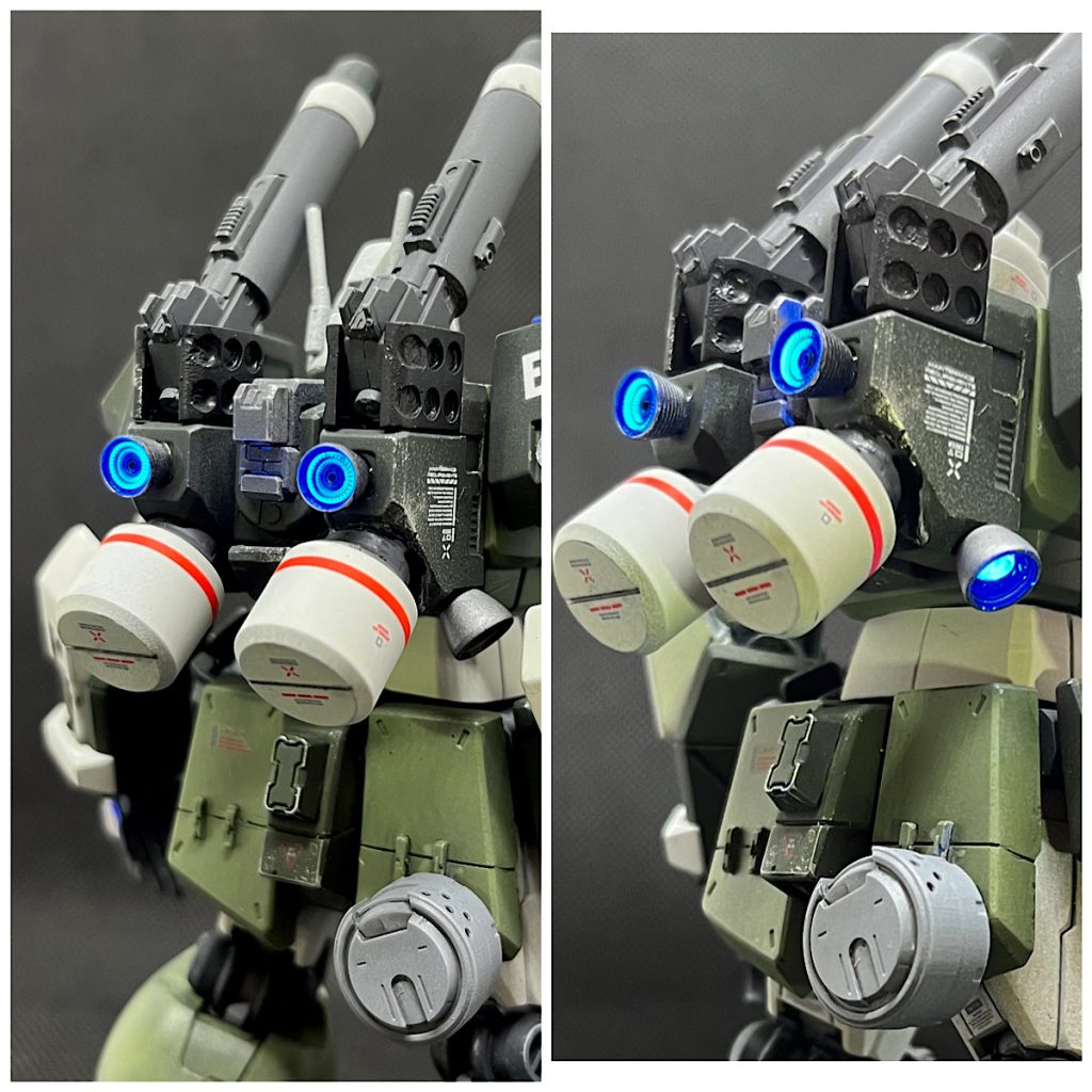 あすぱら模型さんのバーニアはUVライトで光ります。下方のバーニアはキットのものを自分で蛍光塗装してみました。こちらもいい感じで光ってくれました。