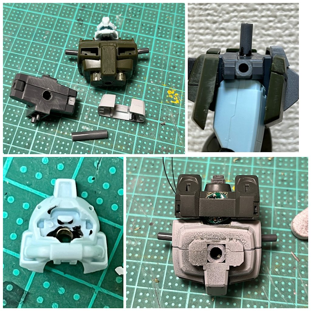 少しだけメイキング画像を紹介します。胴体を3mm延長したので、接続軸も長いものに差し替えました。ついでに少し前傾姿勢になりように軸をほんの少し前に傾けて接着。LED電飾のために頭の中を削って・穴を開けて真鍮パイプを通しました。電池はバックパックの中へ格納したのだが、収まりきれず、はみ出してるので、工夫して隠しました。