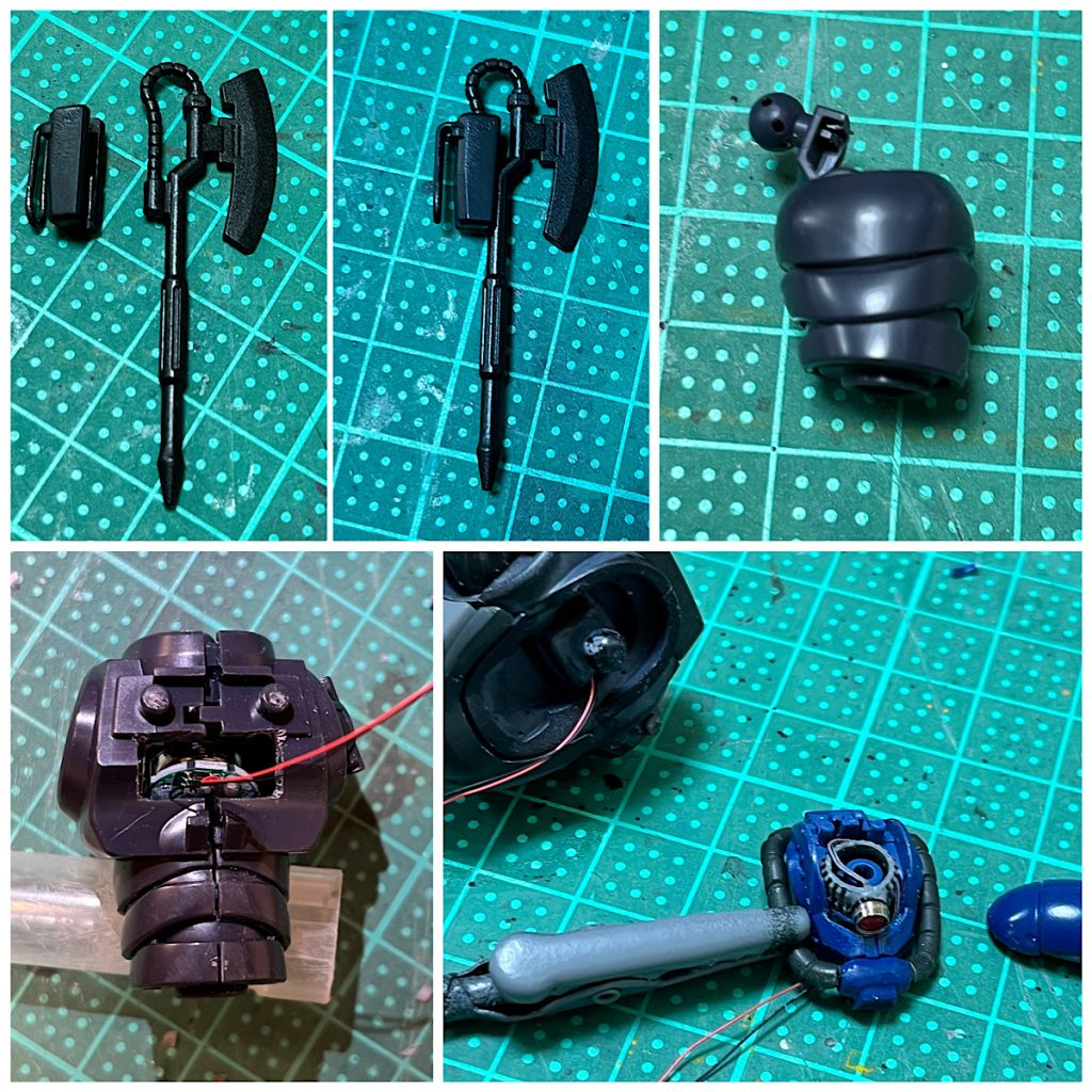 ヒートホークは旧ザクのものを流用。ホルダーにクリップを伸ばした針金でフックをつけました。このフックを背中のフックにかけることで、懸架します。LEDの電池は胴体内に格納。写真右上のパーツと背中の穴(写真左下)を削ってスペースを確保しました。モノアイレールは市販品に交換。レンズはメタルパーツとHアイズにしてます。